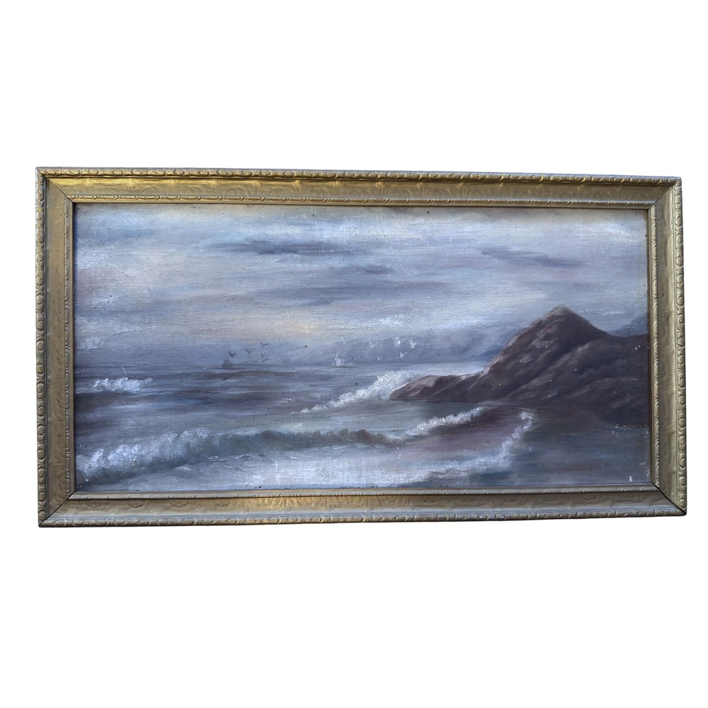1912 Painting A - Ocean Sea Rocky Coast Boats Gulls Subdued Sunlight 20x10 Moody
